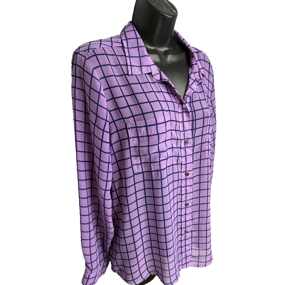 Liz Claiborne Women's Large Purple Windowpane Check Button-down Blouse - Picture 2 of 7